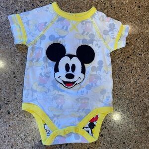 Disney White Baby Bodysuit with Yellow Trim and Mickey Applique